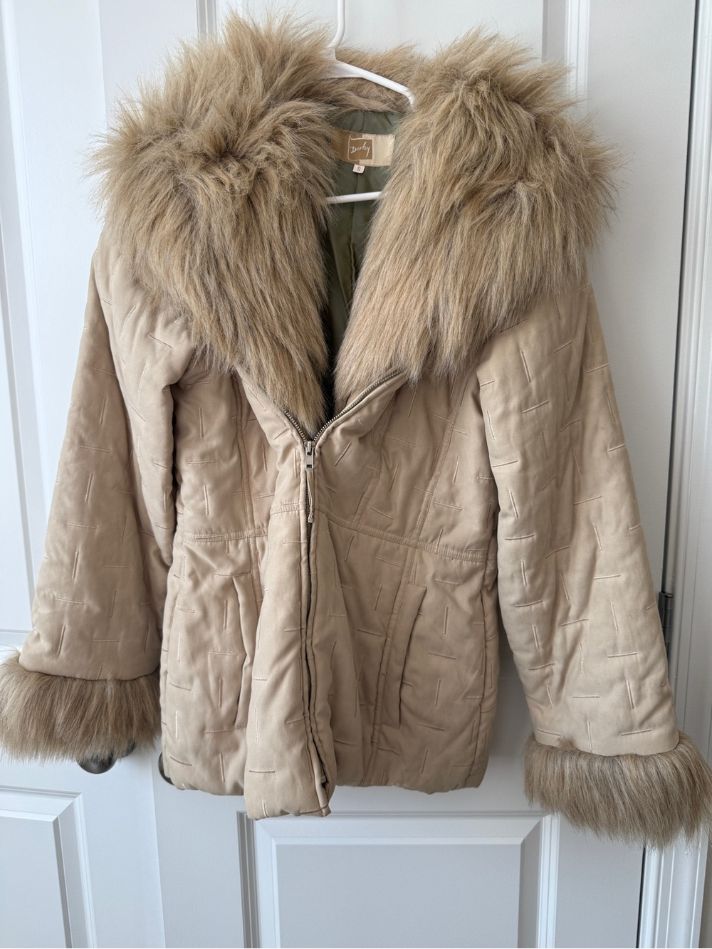 Sundance Beige Faux-Fur Trim Quilted Puffer Jacket